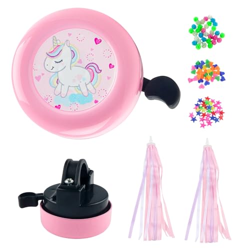 UYUYong Sonnette Vélo Licorne avec 1 Paire Enfant Vélo Rubans Multicolores + 108 Pièces Étoile Amour Rond Forme Clips de Rayons de Vélo Accessoires Vélo Enfant pour Vélo Voiture D'équilibre Scooter
