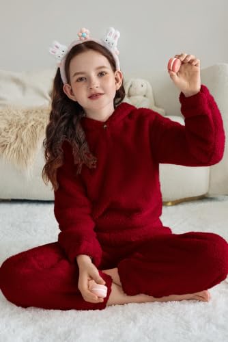 Image of Arshiner Girls 2 Piece Outfits Sweatsuit Fuzzy Long Sleeve Bear Ear Hoodie Sweatshirt and Sweatpant Kids Clothing Sets