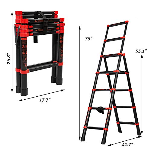 5+7 Telescoping Ladder A-Frame Aluminum Extension Ladder Lightweight Portable Multi-Purpose Folding Ladder,Adjustable and Folding Ladder with Hand Rails and Safety-Lock,330 Pound Capacity