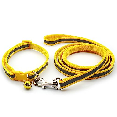 Small Dog Puppy Pet Collar and Lead Set Reflective Hi-Vis Strip Nylon Adjustable Size 19-32cm Collar with Bell and 120cm Leash Yellow - Image 2