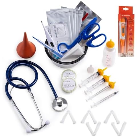 REDDOUDOU Puppy Kitten Whelping Kit, Whelping Kit with Feeding Nipple Bottle Stethoscope Scissors Cord Clamps Aspirator etc Full kit Cover