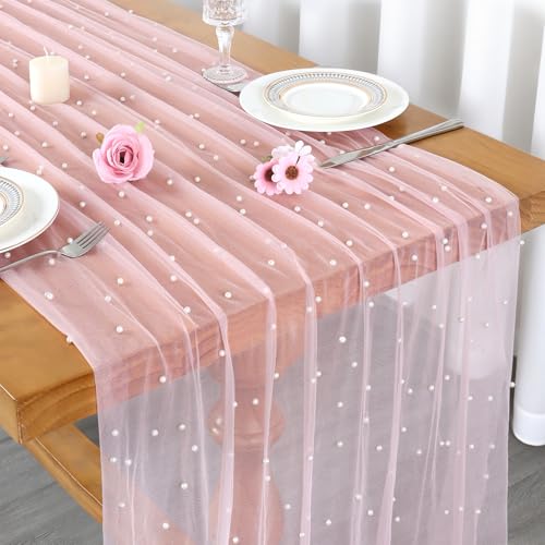 LOMOHOO Table Runner Pink 75x300cm Wedding Table Decoration with Pearl and Tulle, Pink Cheesecloth Tablecloth Sheer Table Cloth Runner Pearl Gauze for Bridal Shower Birthday Party Dining Table - Image 5