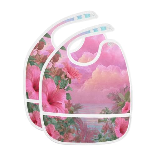 MCHIVER Flower Ocean Pink Baby Bibs for Infants Boys Girls Waterproof Feeding Bib Apron with Food Cather Adjustable Cotton Food Eating Bib 2 Pack