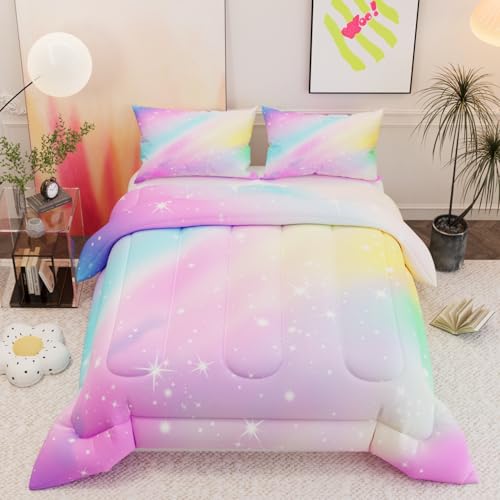 Image of Pink Rainbow Comforter Sets for Girls Kids Adults,3D Pattern with Bright Colors,Decorative Bedding Comforter Sets with 2 Pillow Shams, Full Size
