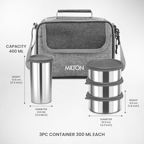 Image of MILTON Daily Meal Lunch Box with Unisex Bag, 3 Stainless Steel Containers 300 ml Each & Tumbler 400 ml, Leak-Proof Tiffin for Office, College, Picnic, Grey