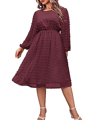 IN'VOLAND Women's Plus Size Swiss Dot Long Sleeve Chiffon Dress Flowy High Waist A Line Ruffle Babydoll Midi Dresses 16W-24W