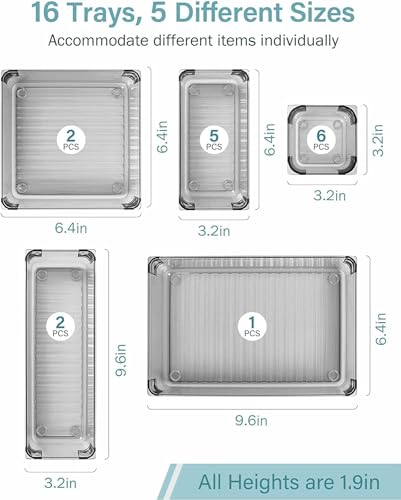 Image of Kienlix Desk Drawer Organizers Trays Set Clear Plastic Storage Bins Bathroom Drawer Tray Dividers Vanity Trays Organizer for Bedroom Dresser Makeup Kitchen Utensil Office (16pc Set (Black))