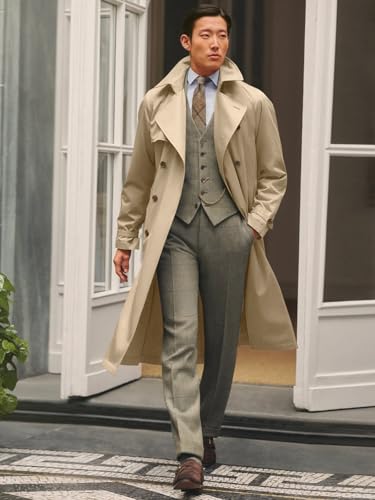 Image of Runcati Mens Trench Coat Double Breasted Notched Lapel Casual Belted Windbreaker Fall Classic Long Jacket Overcoat