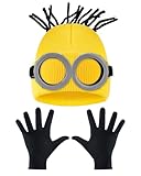 Eybila 3Pcs Halloween Costume Accessories Yellow Beanie Wig Knit Hats Steampunk Goggles Glasses Black Gloves Adult Cosplay Party Set Minion Gru