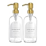 Volisnova 2-Pack Glass Soap Dispenser with Pumps for Bathroom Kitchen - Farmhouse Soap Dispenser Set - Hand Soap, Dish Soap, Lotion Dispenser with Waterproof Labels (Clear Bottles with Gold Pumps)
