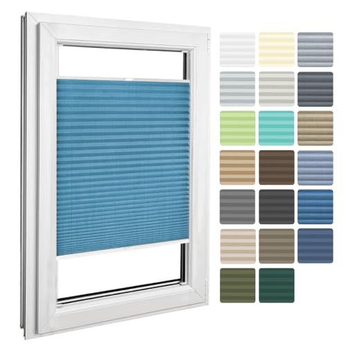 Home-Vision® Plissee zum Anschrauben in der Glasleiste Innenrahmen Kollektion „Melange” Leinenoptik Blickdicht Plissee Jalousie mit Halterungen zum Bohren, Sonnenschutzrollo (Blau, B135cm x H200cm)