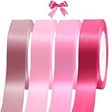 Ruban Rose 4 Couleurs 25 mm x 22 m Pour Mballage Cadeau, Rubans en Polyester Pour Bouquets,Ballons, Nœuds, Gâteaux, Rouleau de Ruban Satin Pour Décoration de Mariage/Mnniversaire/Noël/Fête