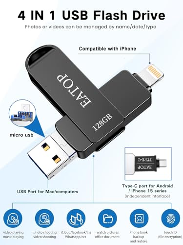 Eatop USB128-DARK GREY Flash Drives 128Gb Intended For Iphone 15, Memory Stick Storage For Photos And Videos, Usb External Memory Storage Flash Drive Compatible thumb #2