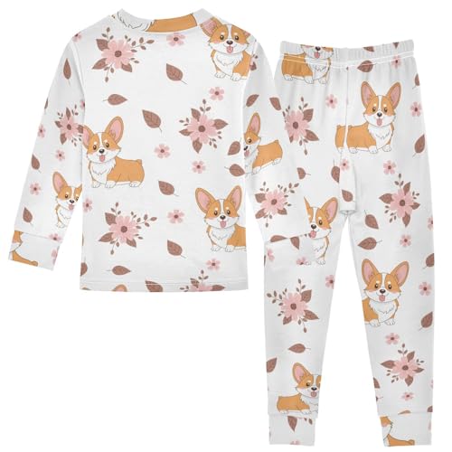 Pajama Sets Long Sleeve Corgi Flowers Leaves Background Soft Comfy Sleepwear 2 Piece PJS 3-8T3