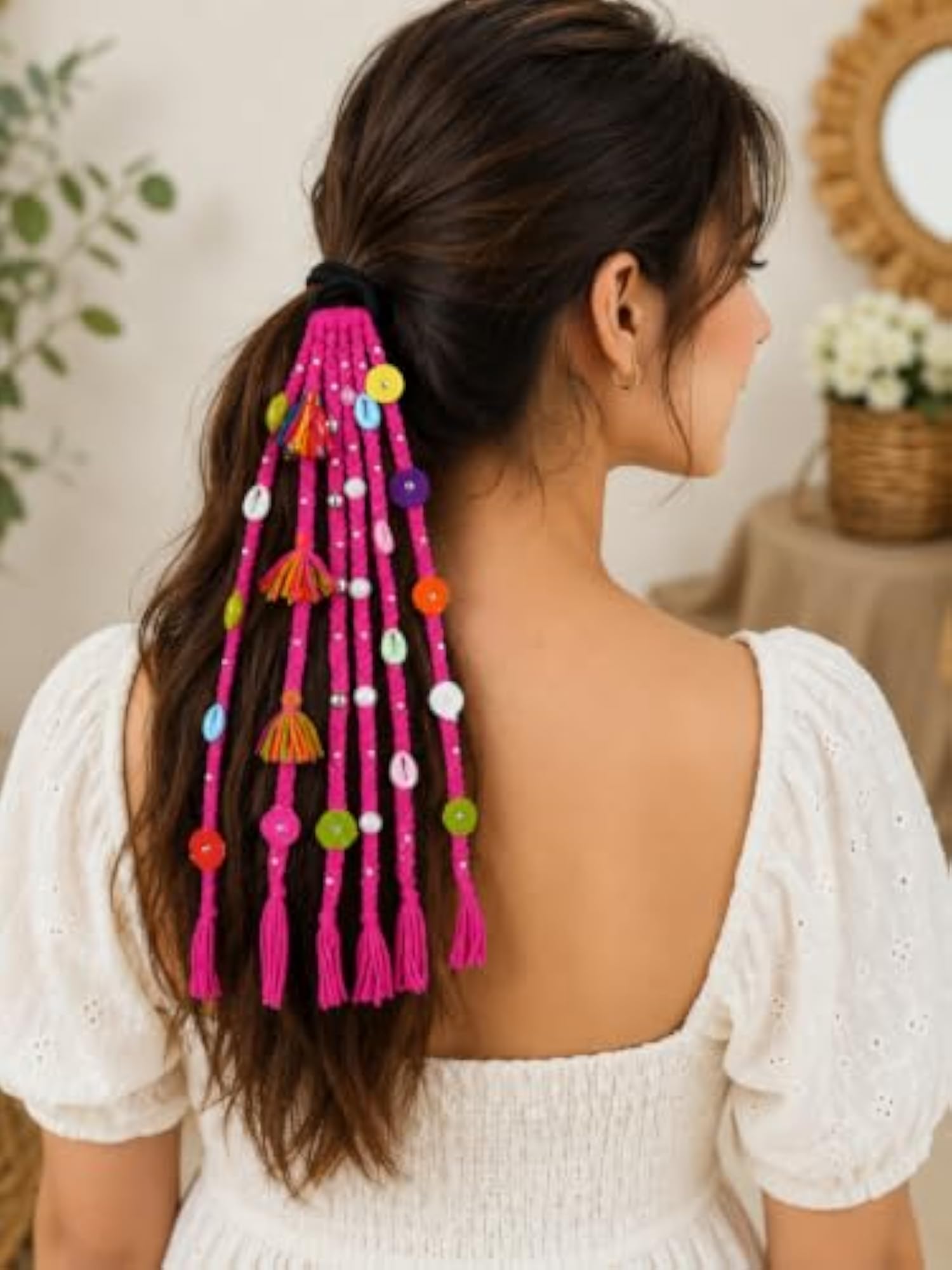 Boho Braided Hair Extension Ponytail with Beads and Shells