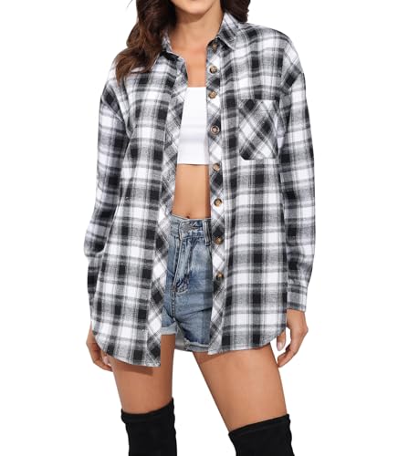 Image of Lacozy Womens Buffalo Plaid Flannel Shirt Long Sleeve Collar Button Down Blouses Tops