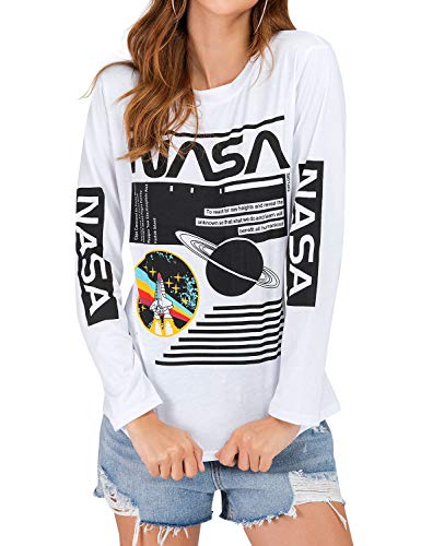WLLW Women Long Sleeve Crew Neck NASA Letter Print Shirt Tops Blouse Sweatshirt (2XL, White)
