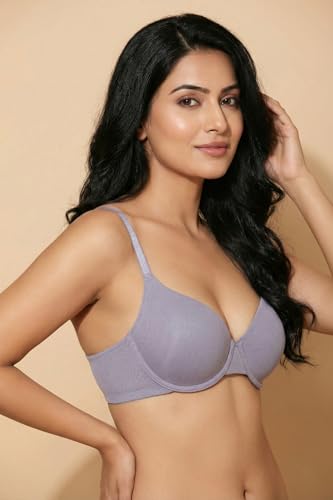 Image of Zivame Padded Plunge Wired Medium Coverage Tshirt Bra-Silver Bullet
