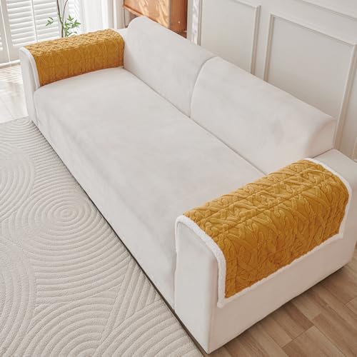 Image of HOKIPO 'Italian Caelora' Luxury Jacquard Plush Anti-Slip Sofa Armrest Covers | 1 Pair - Honey Yellow (AR-5953-YLW*2)