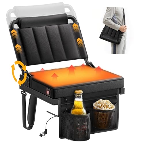 Heated Stadium Seats with Back Support for Bleacher, Portable 5-Angle and Adjustable Height Thick Cushion Seat with Cup Holder Storage Bag, Includes Shoulder Strap, Used for Sports Events and Concerts