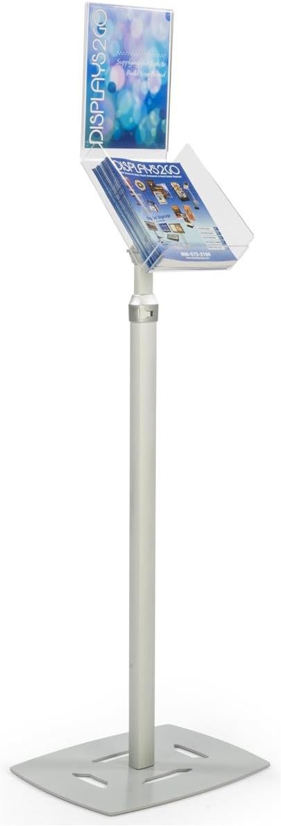 Literature Floor Stand, 8.5 x 11 Inch Magazine Tray, Height Adjustable, with Sign Holder (Silver)