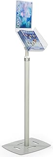 Literature Floor Stand, 8.5 x 11 Inch Magazine Tray, Height Adjustable, with Sign Holder (Silver)