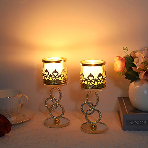 Ownmy Set Of 2 Gold Crystal Pillar Candle Holders Glass Tealight Candle Holders With Glass Cover, 7.3" Elegant Metal Glass Votive Candlestick Holders Candle Stands For Wedding Table Centerpiece Decor #TOP1