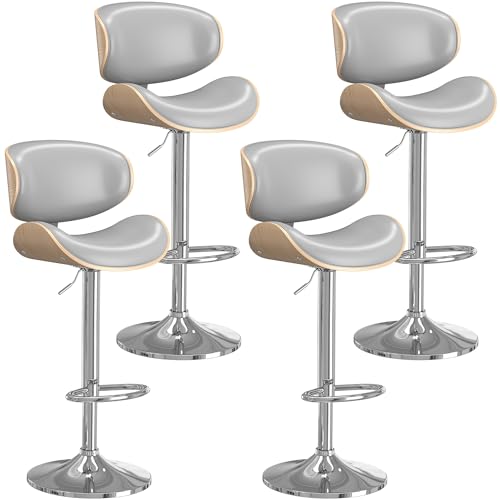 Image of YaFiti Bar Stools Set of 4, Bar Stools for Kitchen Island with Bentwood Back and Leather Seat, Swivel Barstools for Kitchen Counter, Bar, Grey