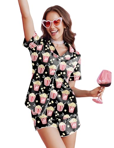 Ekouaer Silk Satin Pajama Set for Women Funny Graphic Sleepwear Button Down Short Sleeve Top and Shorts Pjs Sets Popcorn Small