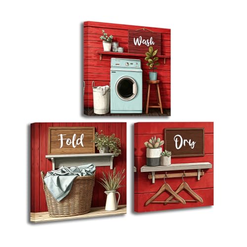 ZXHYWYM Laundry Room Decor Wall Art Red Laundry Sign Picture Canvas Farmhouse Wash Dry Fold Painting Rustic Bathroom Hotel Decor Framed 12"x12"x3