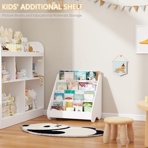 Image of Lkeiyay Kids Bookshelf - 4-Tier White Wooden Book Storage Organizer for Toddlers, Space-Saving Children's Book Rack for Kids Room /Nursery, Easy-Access Picture Book Display Shelf