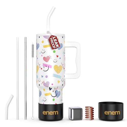 Image of enem Tumbler, Happy Chaos, Tumbler with Metal Straw, Sipper, with Lid Leak Proof, 1 Metal Ice Cube, 1 Copper Spring (Tamba), Base Protector, Mug Travel, 1.2L