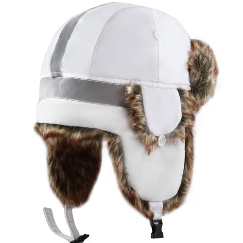 Image of Faux Fur Safety Reflective Aviator Trapper Hat Snow Ski Trooper Winter Cap