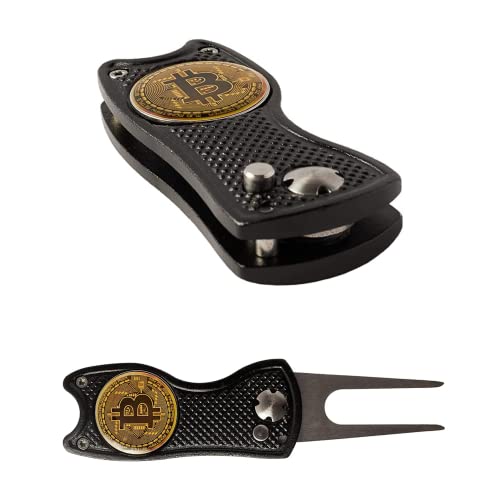 Bitcoin Golf Divot Repair Tool, All-Metal - Golf Accessories - 3- In-1 Golf Multitool (Divot Tool, Ball Marker, Club Holder) - Foldable With With Pop-Up Button & Magnetic Ball Marker (Black) #TOP28