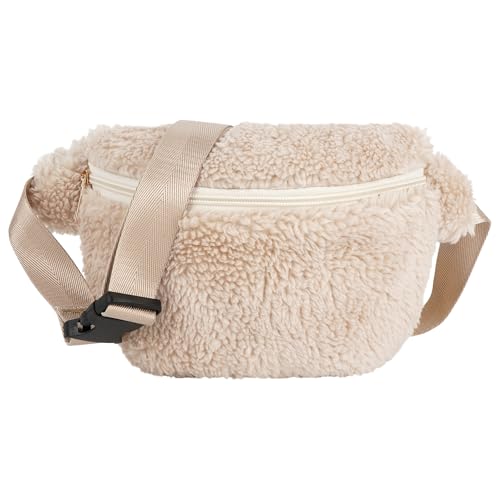 Meliyya Bauchtasche Plüsch Damen Hüfttasche Flauschige Umhängetasche Stylisch Fanny Pack Breiter Gurt für Reisen Festival Party Alltags, Beige