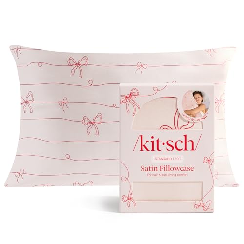 Image of Kitsch Satin Pillowcase with Zipper - Standard Size, Striped Bows | Softer Than Silk Pillow Cases, Smooth Cooling Satin Pillow Case for Hair and Skin, Wrinkle-Free, Machine Washable