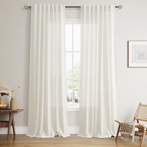 Nanspring Natural Linen Curtains 96 Inches Long for Living Room 2 Panel Set Light Filtering Semi Sheer Drapes Farmhouse with Back Tab Modern Rustic Window Long Curtain for Bedroom Cream W50 x L96