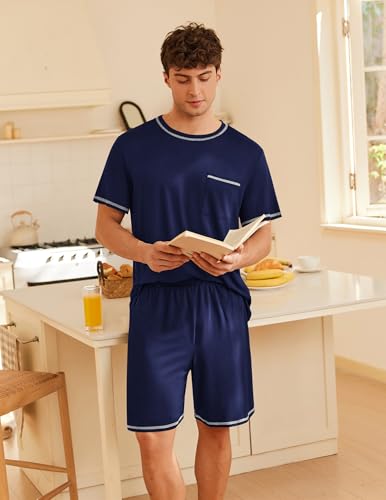 Image of Ekouaer Men's Pajamas Set Casual Short Sleeve Shirts and Shorts Soft 2 Piece Loungewear With Pockets
