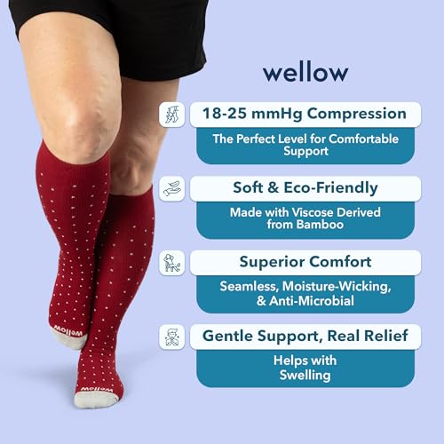 Image of Wellow Wide Calf Compression Socks for Men & Women, 18-25 mmHg Made with Viscose from Bamboo, Nurses & Pregnancy Support, Relieves Swelling, Knee High, XL, Rhubarb Dot