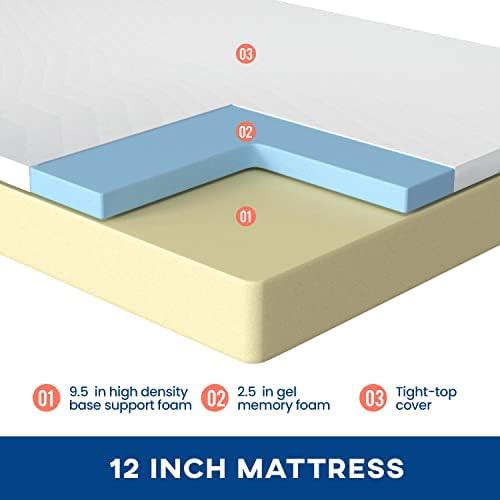 Image of FDW | 12 Inch Twin Mattress | Medium Firm | Gel Memory Foam Mattress | Bed in a Box, CertiPUR-US Certified | Pressure Relief, Cooling Ventilated Foam | Washable Removable Cover | White