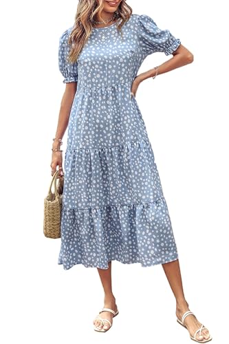 Image of IFFEI Mommy and Me Dresses Summer Casual Boho Matching Outfits Ruffle Puff Sleeve High Waist Midi Beach Maxi Dress