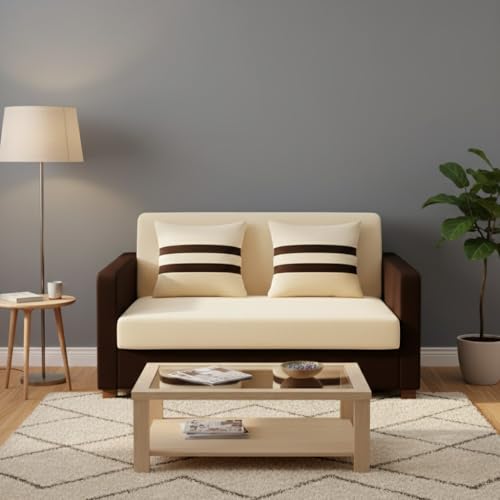 Image of FURNY Lifestylio 2 Seater Fabric Sofa Set (Cream-Dark Brown) Premium Velvet Finish | Ideal for Living Rooms, Offices