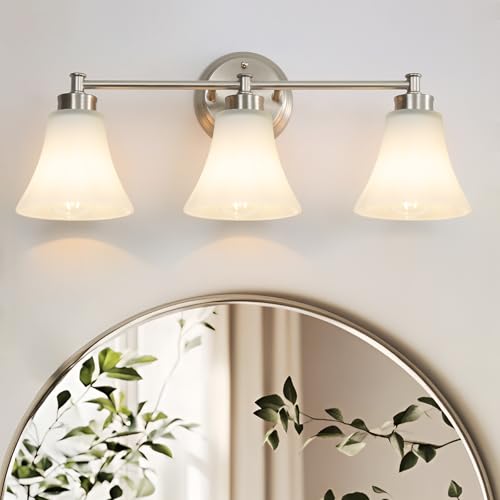 Image of LOUSACE 3 Light Bathroom Vanity Light Vintage Brushed Nickel Bathroom Lighting Fixtures Over Mirror, Traditional Wall Sconce Lighting with Opal Glass Shade, Nickel Vanity Lighting Fixture