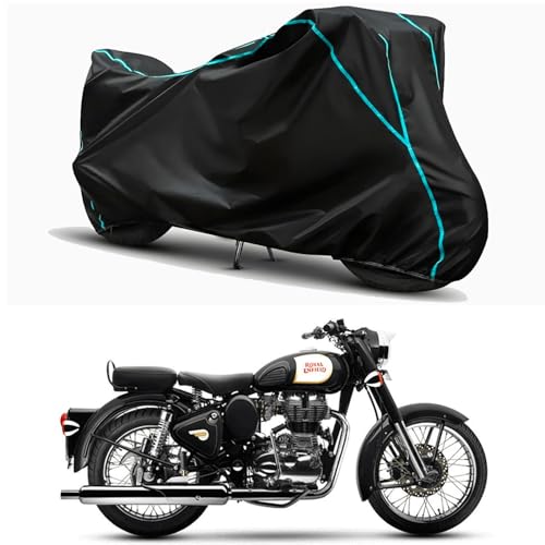 Image of Waterproof Bike Body Cover Compatible for | Royal Enfie Bullet 350 X | Taffeta Fabric, Sky Piping Design, Bottom Elastic Fit | Dustproof, Sun UV & Rain Protection for All Weather.