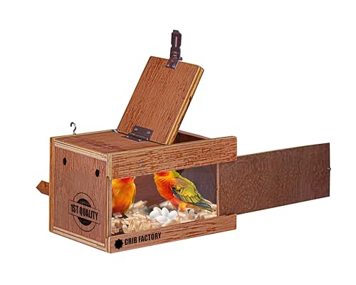 Image of CRIBFACTORY African Love Bird Breeding Box | Wooden Nesting Box for Birds | Durable Plywood | 10X6X6 INCH | Transparent Glass Window with Slider | Safe Non-Toxic | Easy to Mount | Aviary Nesting Box