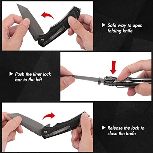 FLISSA Folding Pocket Knife, EDC Knife with Liner Lock, Tanto Blade, Pocket Clip, Glass Breaker, Seatbelt Cutter, Perfect for Oitdoor, Camping