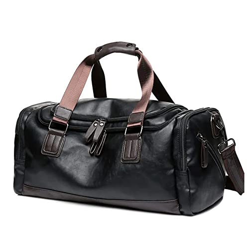CHAO RAN Leather Duffle Bags For Men Weekend Travel Bag With Laptop Compartment Black Waterproof Overnight Carry On Handbag