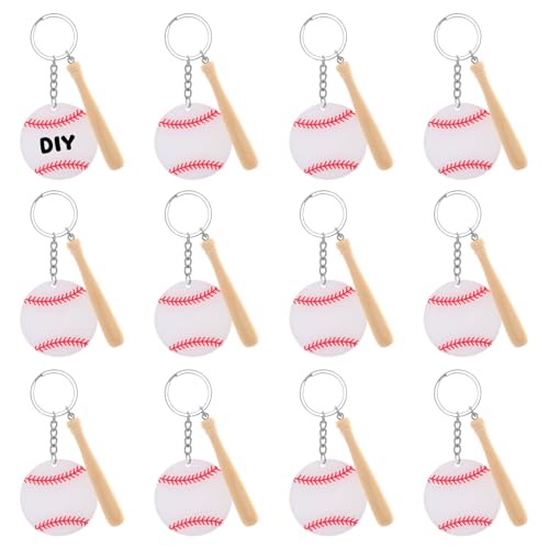 Bcxfbxd 12 Pcs Baseball Acrylic Keychain Bulk with Mini Wooden Handle DIY Keychains Ball Bag Tag for Baseball Team Sports Party Favor