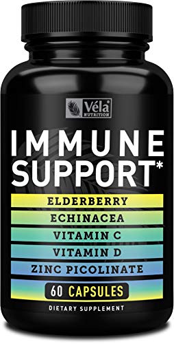 VÃ©la Immune Support | Echinacea Herbal Supplement Elderberry Vitamin C Zinc Picolinate 5 in 1 Daily Antioxidant and Immune Support Supplement Immunity for Adults Kids Immune Defense (60 Capsules)