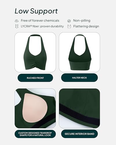PAVOI ACTIVE Ruching Workout Halter Bra for Women - Low Support V Neck Yoga Backless Sports Bra Padded Halter Top - FlexFlow4